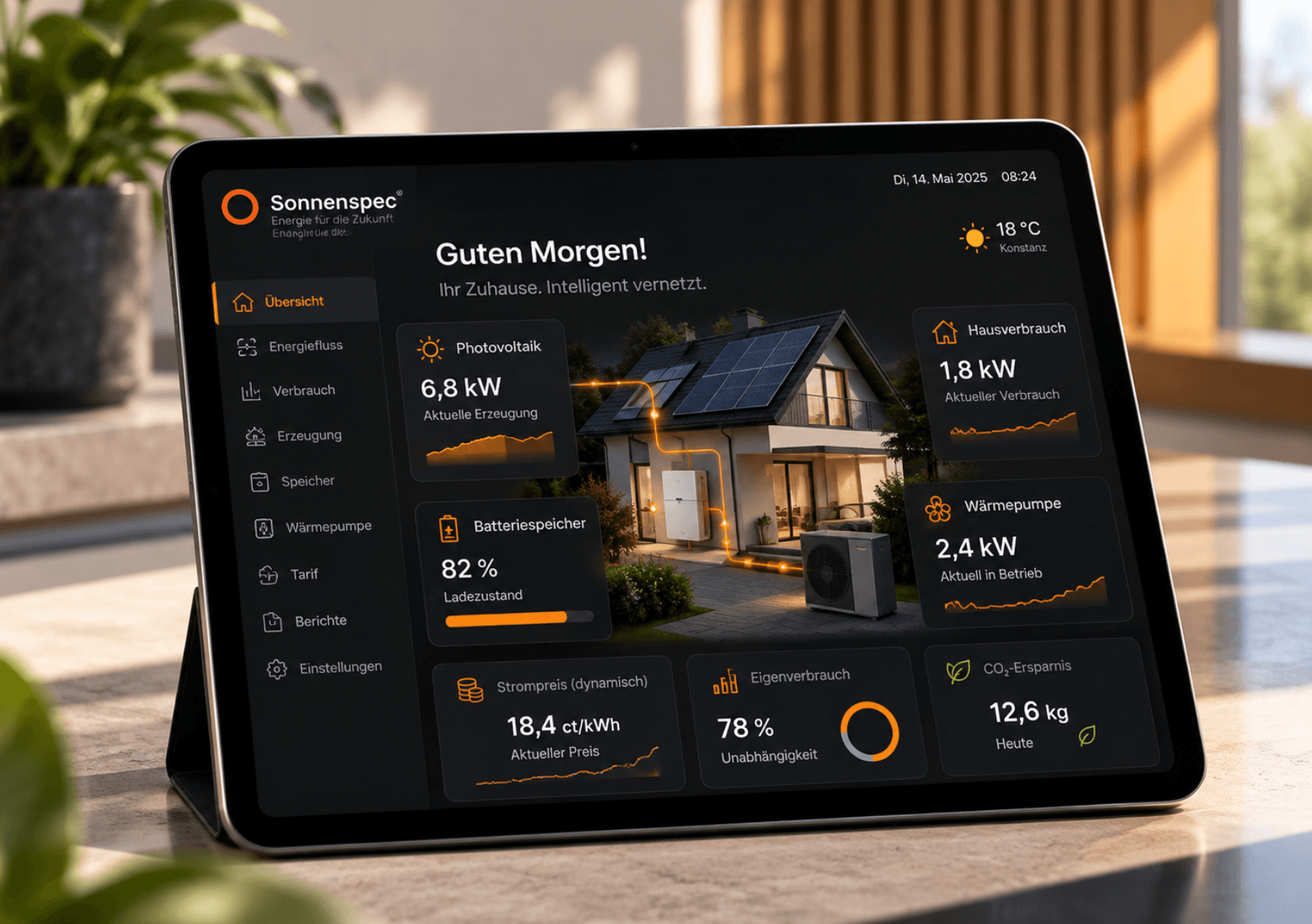 Sonnenspec Energiemanagement-Dashboard auf einem Tablet zeigt Photovoltaik-Erzeugung, Batteriespeicher, Hausverbrauch und Wärmepumpe in Echtzeit