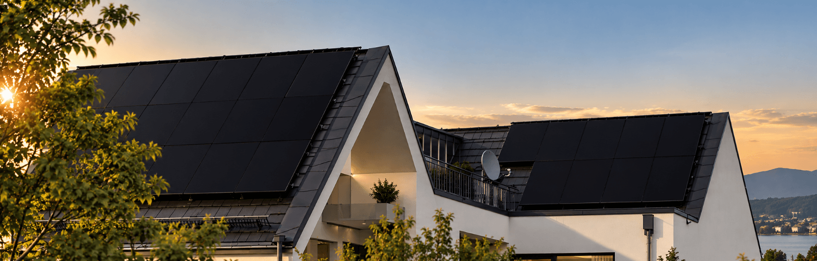 Mehrfamilienhaus mit Photovoltaikanlage auf dem Dach in der Abendsonne am Bodensee