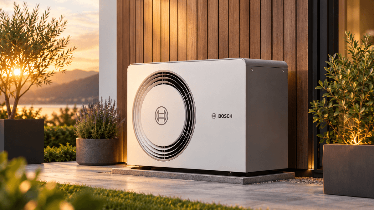 Bosch Wärmepumpe an einem modernen Wohnhaus am Bodensee
