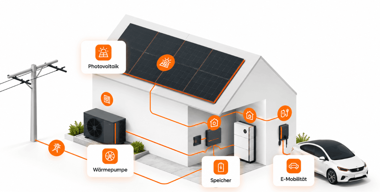 Vernetztes Sonnenspec Energiesystem mit Photovoltaik, Stromspeicher, Wärmepumpe und E-Mobilität