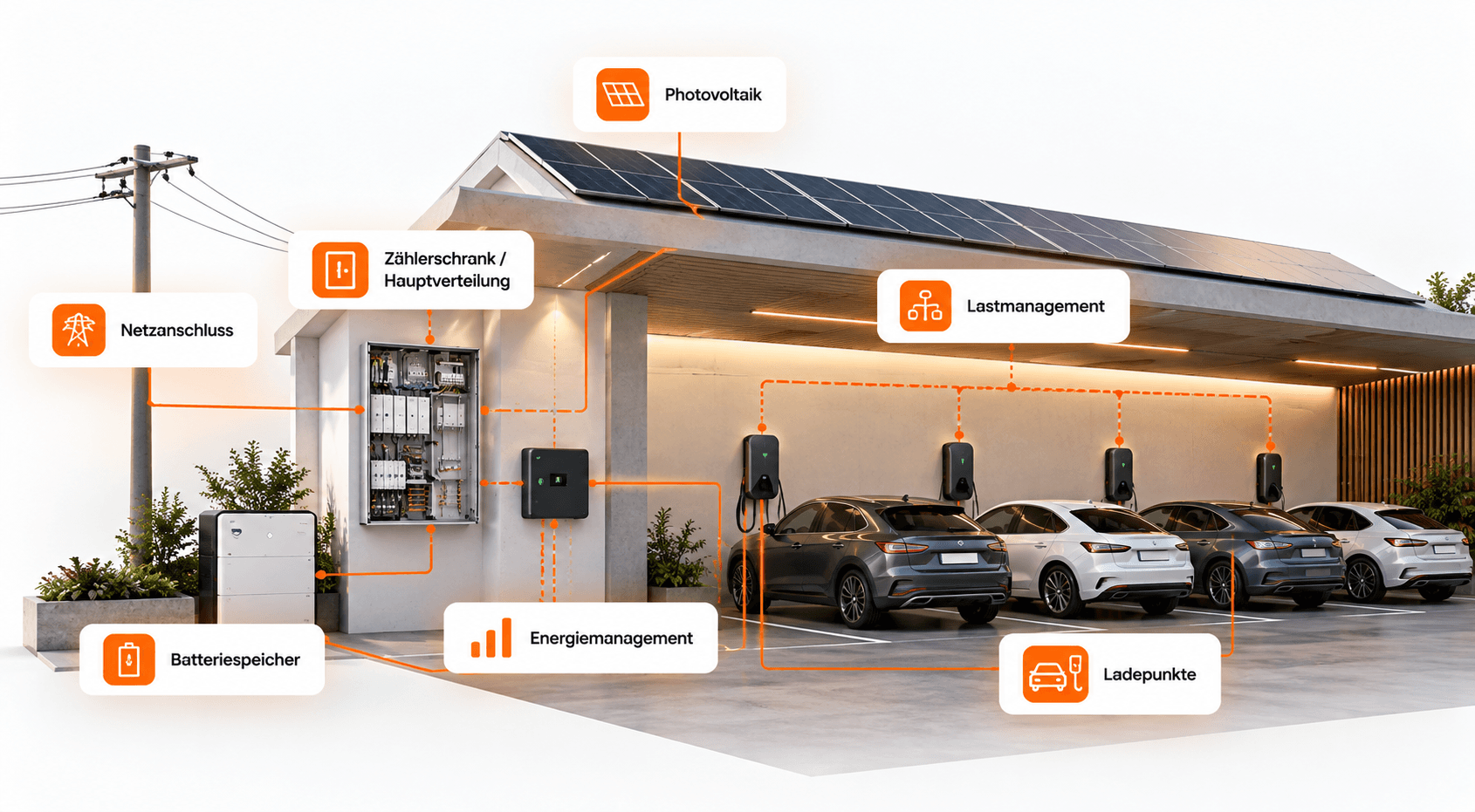 Gewerbliches Energiesystem: Netzanschluss, Hauptverteilung, Photovoltaik, Batteriespeicher, Energiemanagement, Lastmanagement und Ladepunkte